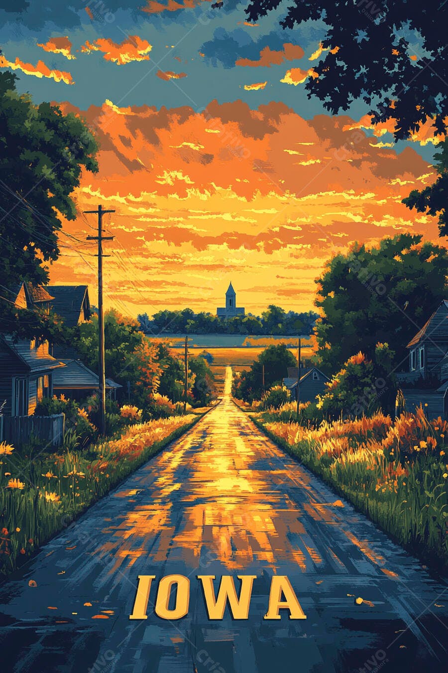 Paisagem de Iowa ao pôr do sol com estrada rural e igreja distante