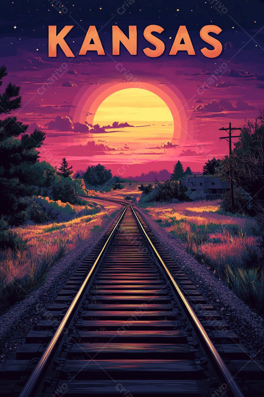Pôr do sol vibrante sobre trilhos de trem no campo do Kansas