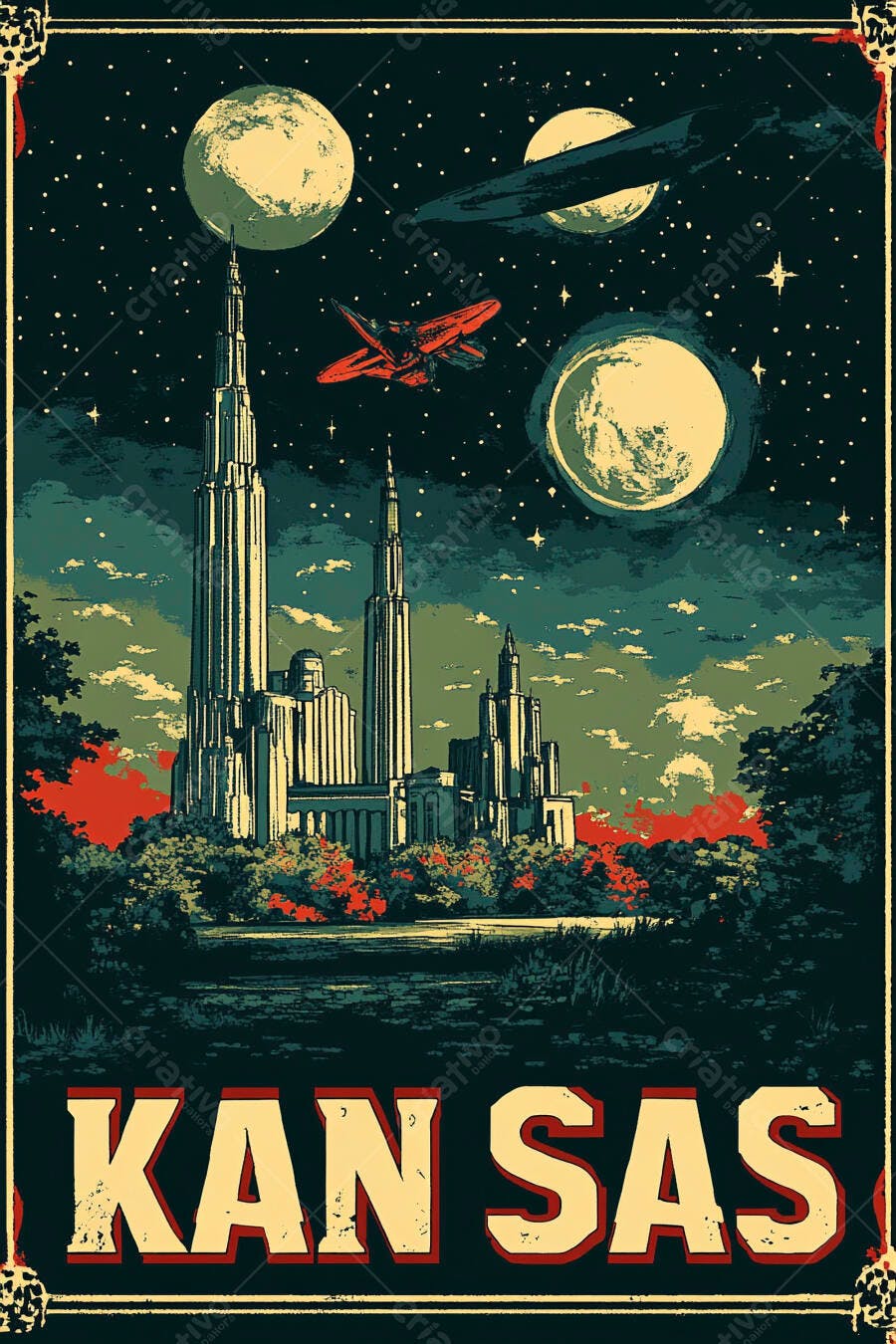 Pôster vintage Kansas cidade futurista arranha-céus Art Déco e planetas noturnos