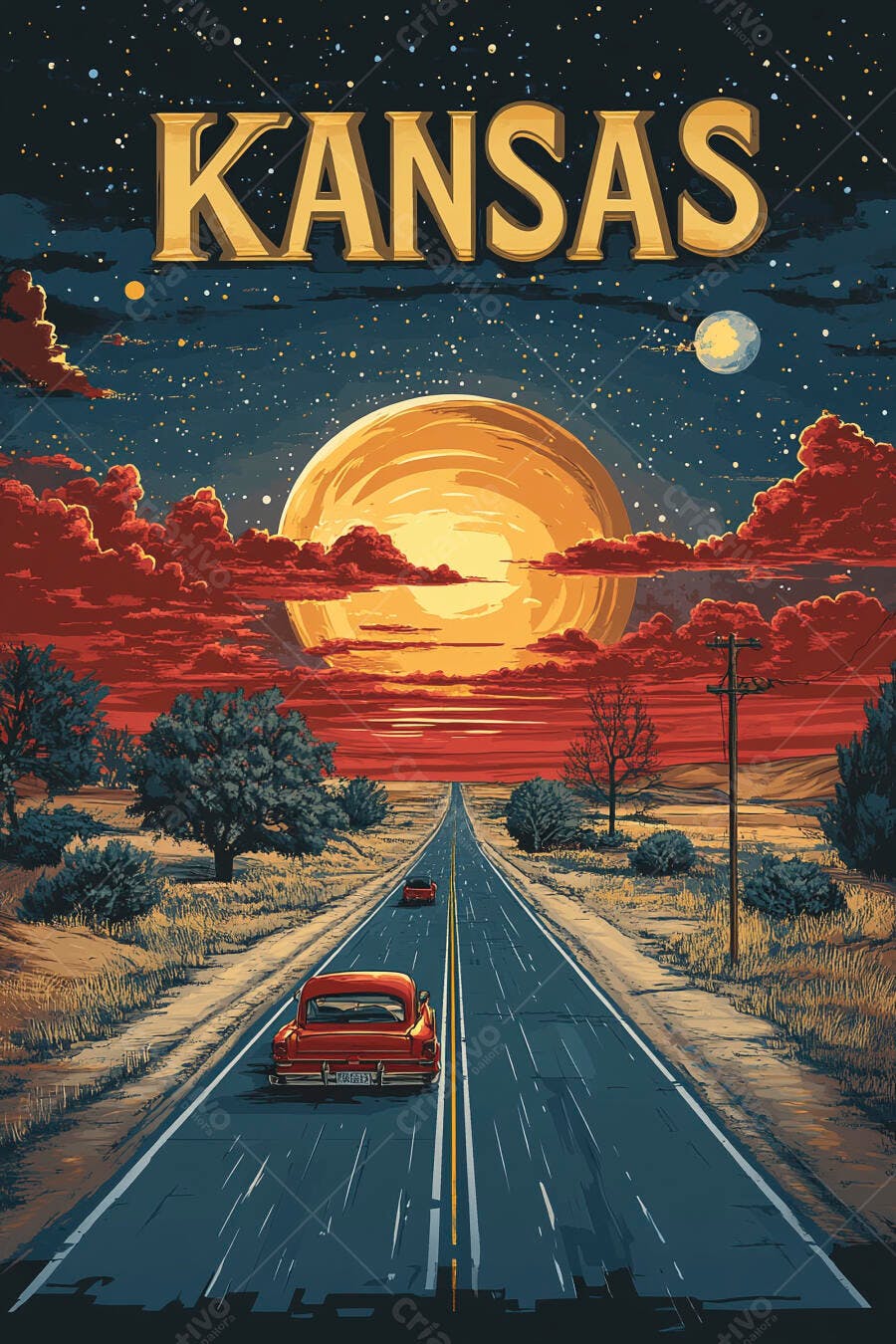 Carro vermelho clássico em estrada do Kansas ao anoitecer sob lua laranja