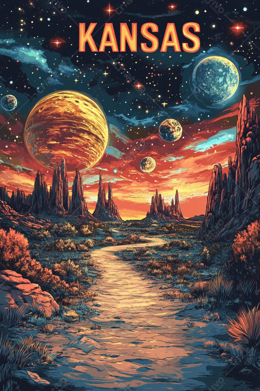 Ilustração Kansas deserto cósmico com formações rochosas planetas e estrelas