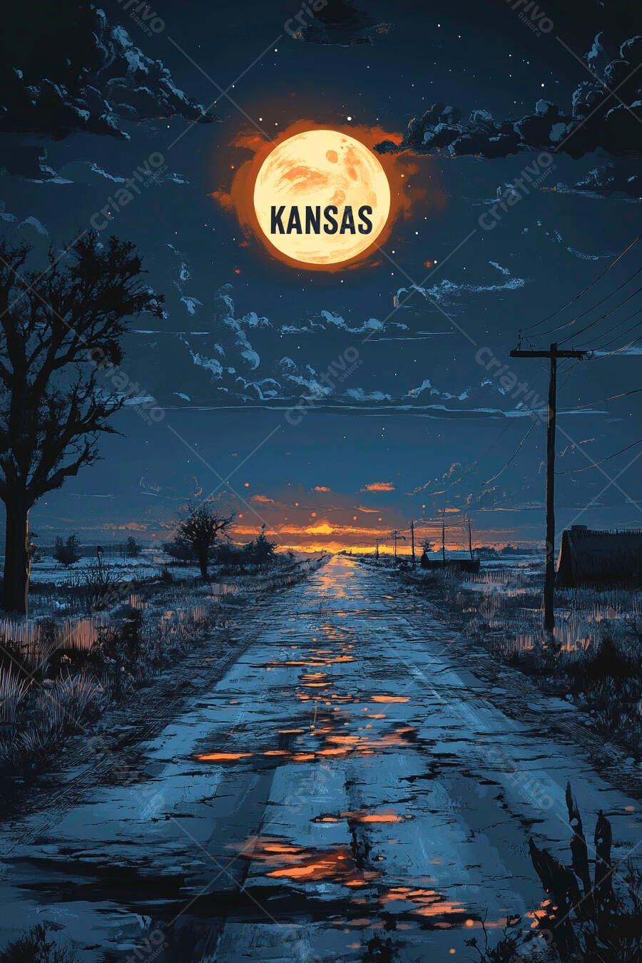 Lua cheia Kansas iluminando estrada rural molhada ao anoitecer com reflexos laranja