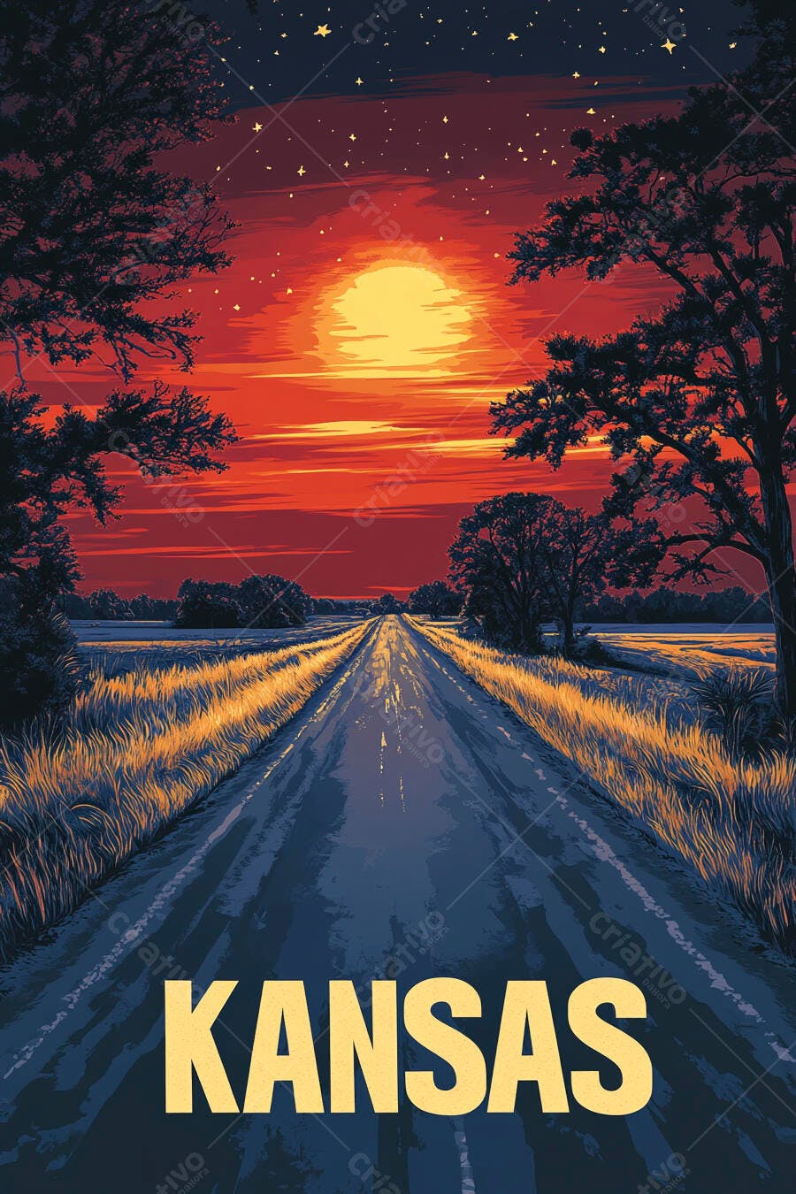 Estrada rural no Kansas ao pôr do sol glorioso