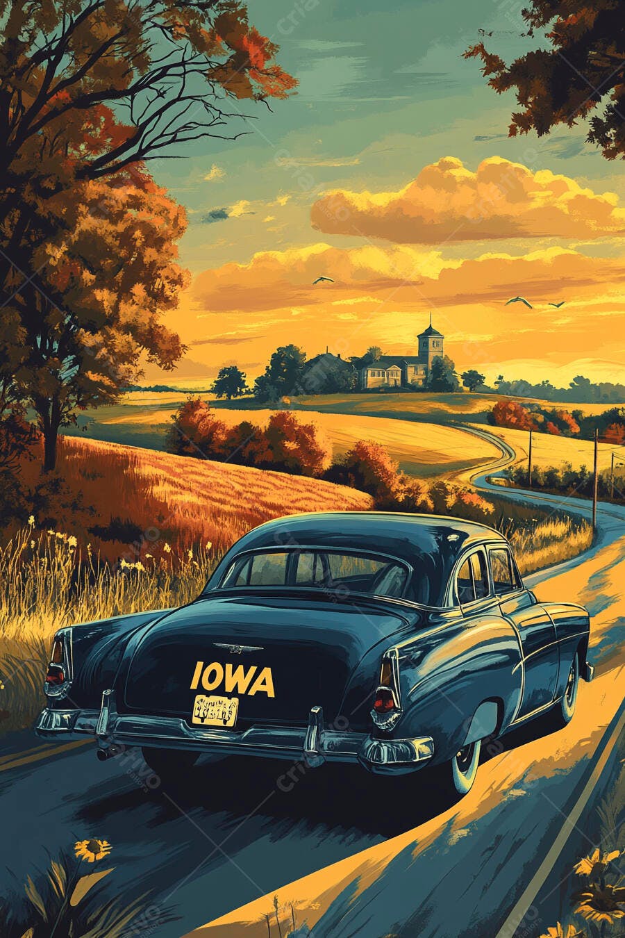 Carro clássico azul em estrada rural Iowa ao pôr do sol outonal