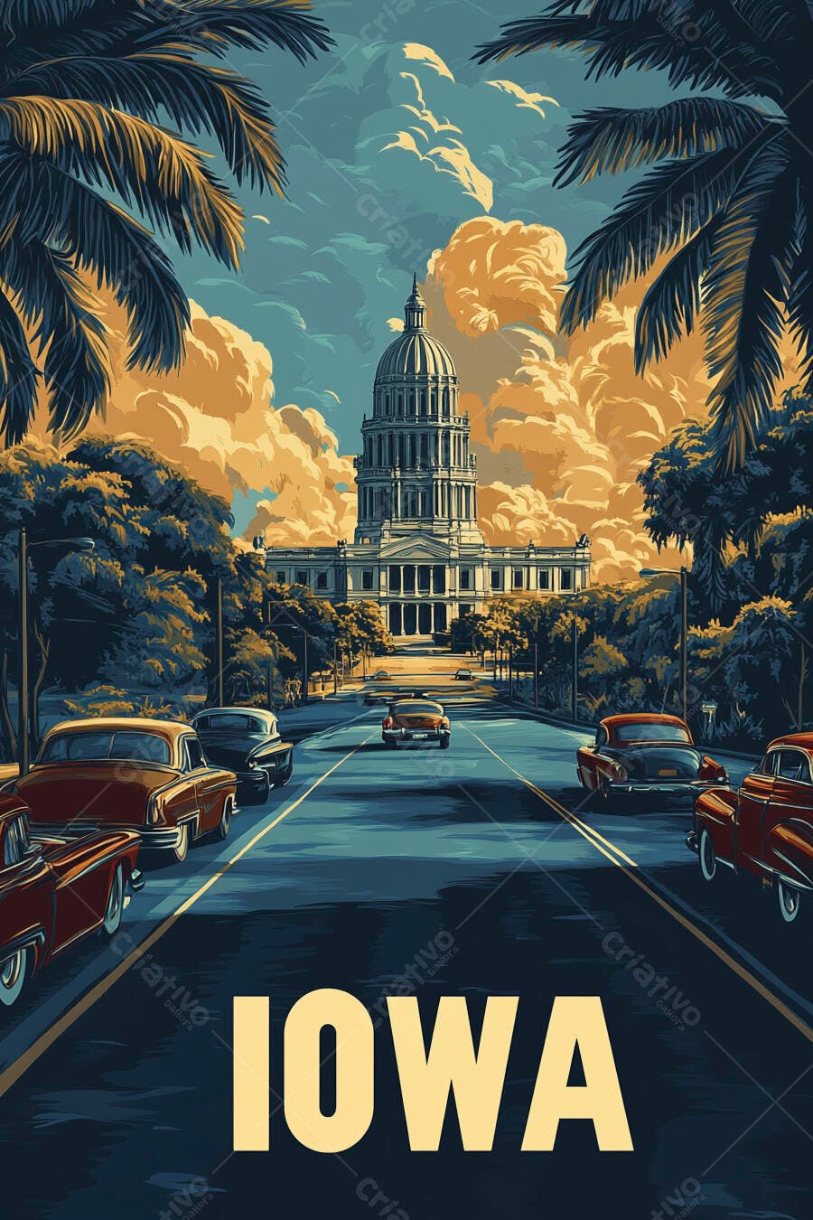 Capitólio do Iowa ilustração carros antigos palmeiras céu vibrante