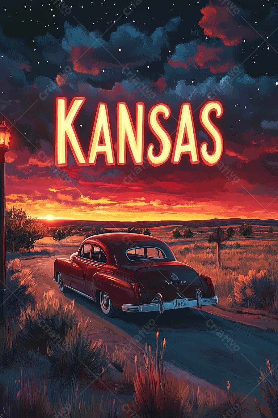 Carro vintage vermelho em estrada do Kansas ao pôr do sol