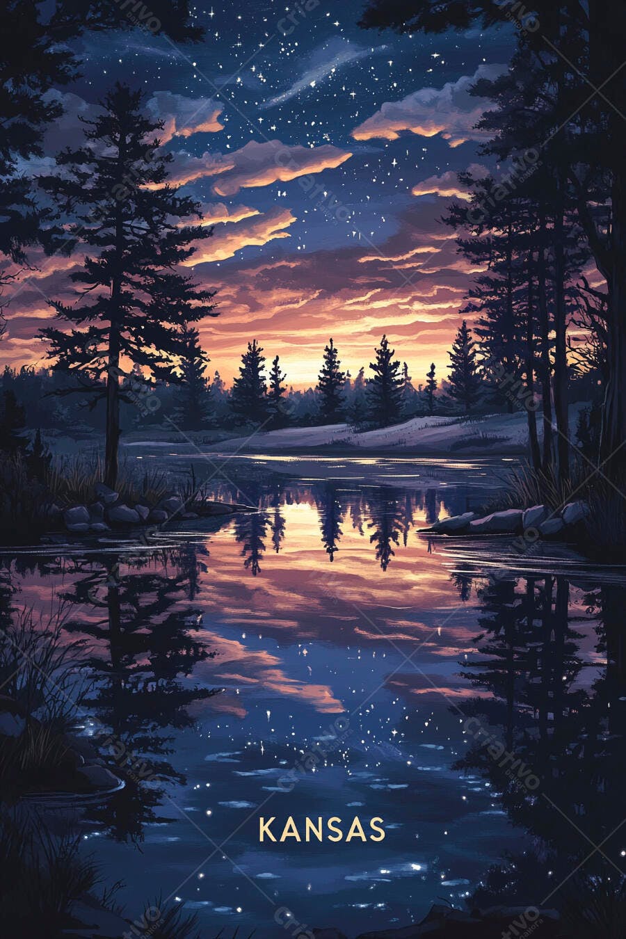 Lago em Kansas com reflexo de céu estrelado e pôr do sol colorido floresta noturna