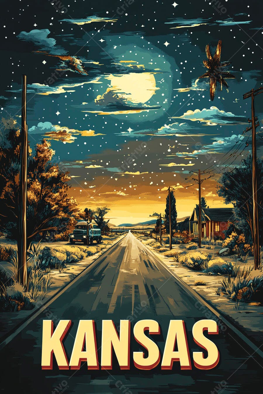 Estrada rural do Kansas sob o luar estrelado e céu noturno
