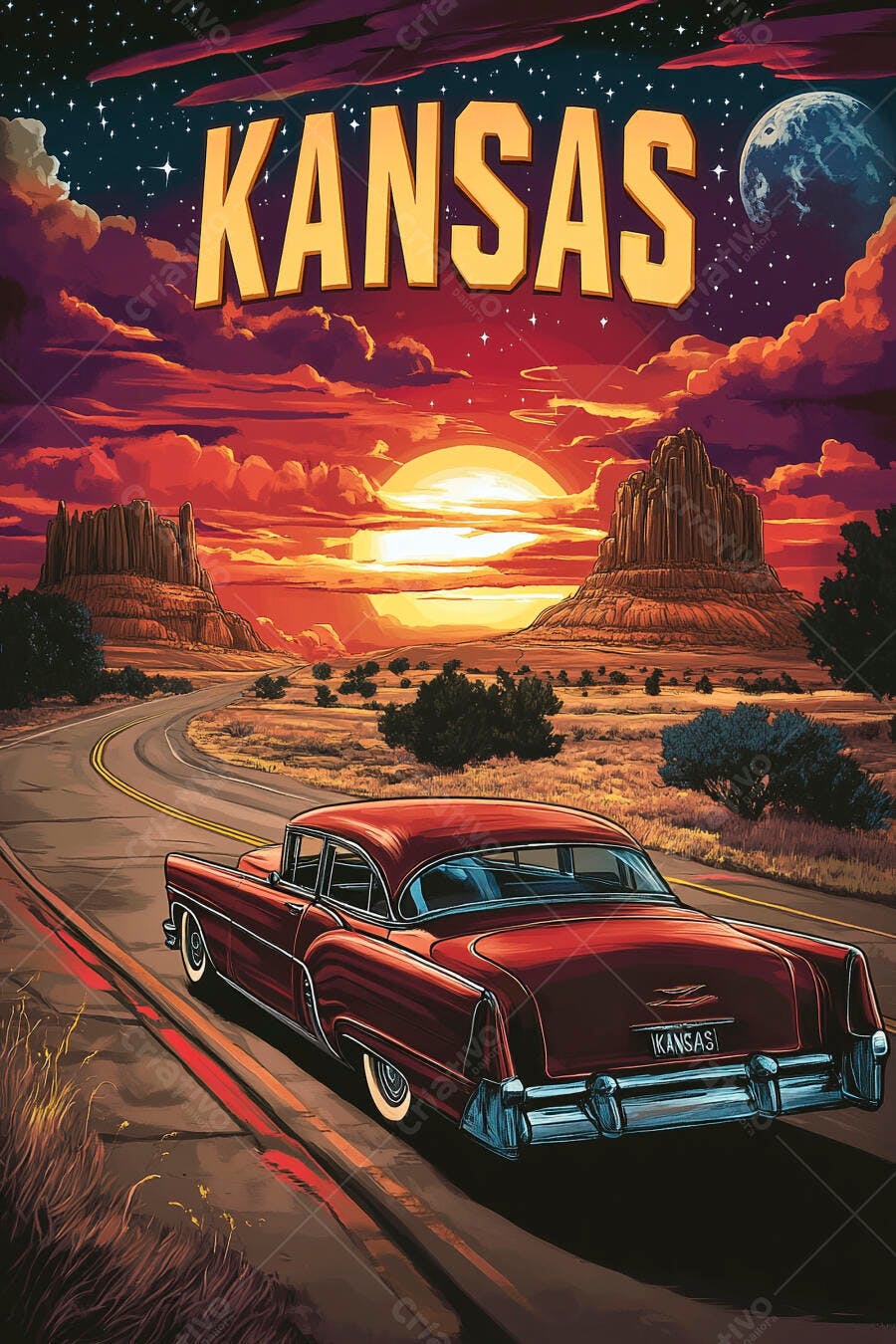 Carro vintage vermelho dirigindo em estrada do deserto ao pôr do sol Kansas