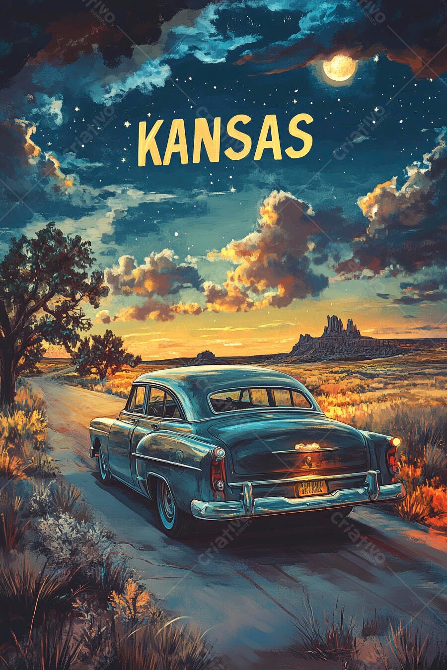 Carro vintage no deserto do Kansas sob céu estrelado noturno