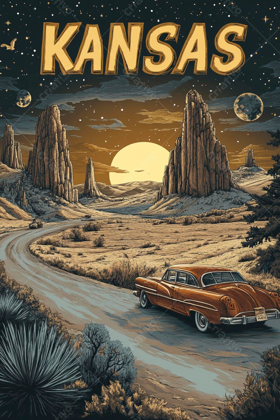 Pôster KANSAS carro vintage em deserto rochoso sob noite estrelada e lua cheia