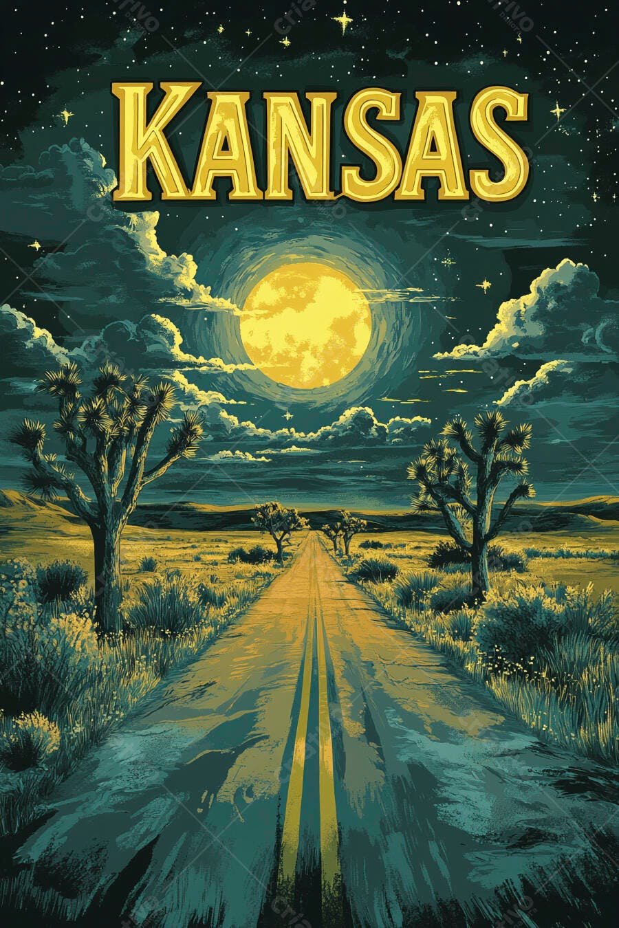 Poster Kansas estrada deserta com lua cheia e árvores de Josué à noite