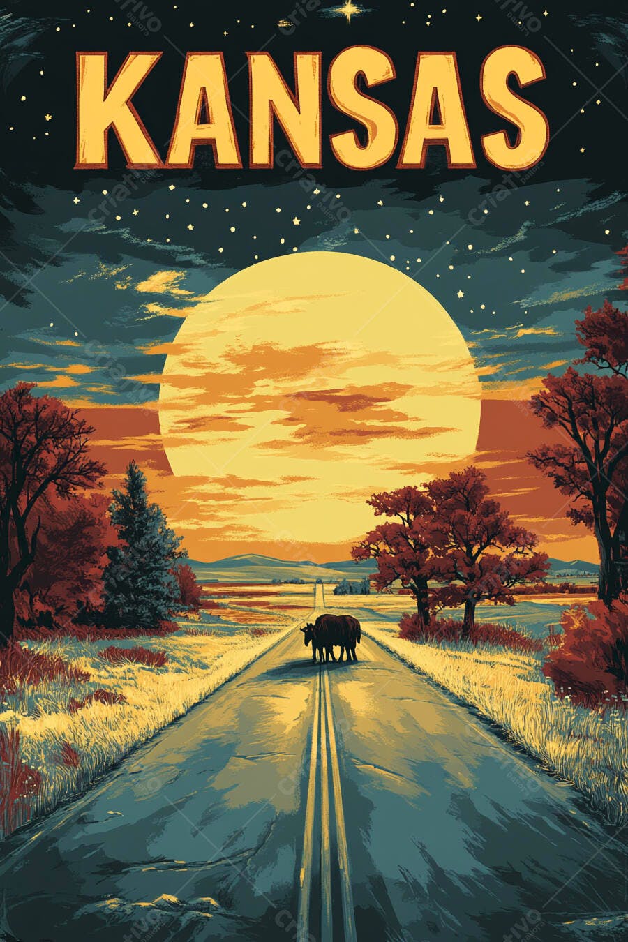 Bisões na estrada rural do Kansas sob a lua cheia brilhante arte vintage