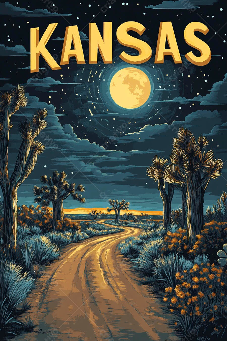 Paisagem noturna desértica com letreiro Kansas e lua cheia