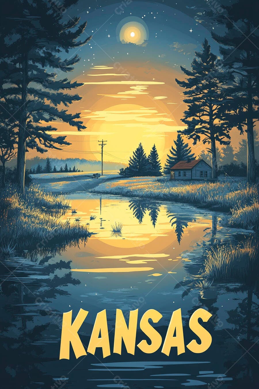 Pôster Kansas paisagem de rio e pinheiros casa rústica sob céu crepuscular dourado