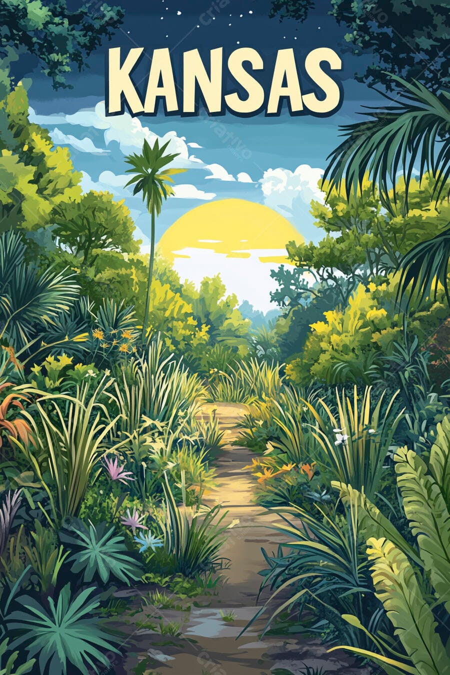 Pôster Kansas trilha natural exuberante com sol amarelo brilhante e vegetação verde