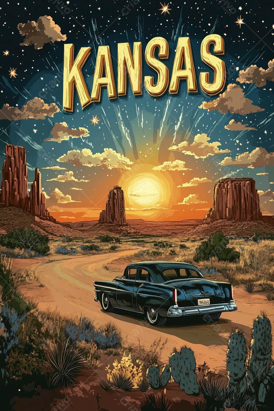 Carro clássico preto em deserto do Kansas com pôr do sol laranja e céu estrelado