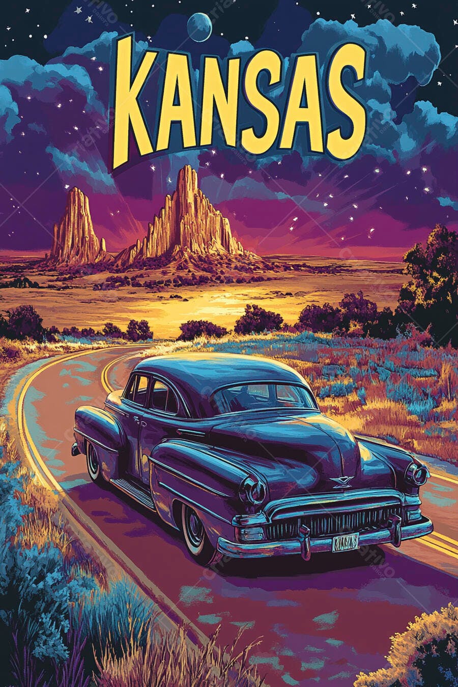 Carro clássico azul roxo na estrada do Kansas ao anoitecer com montanhas e estrelas