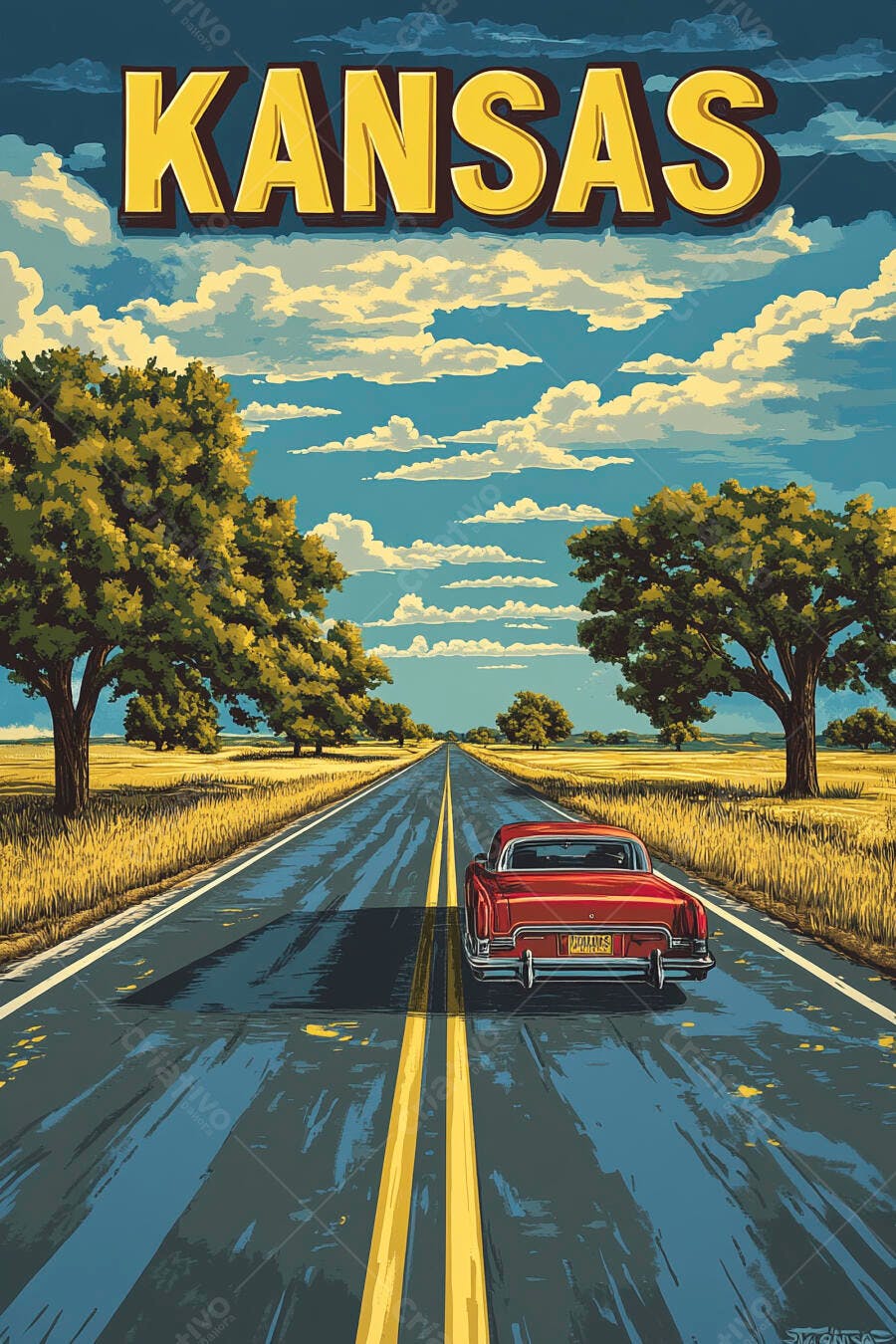 Carro vermelho vintage em estrada rural no Kansas sob céu azul claro