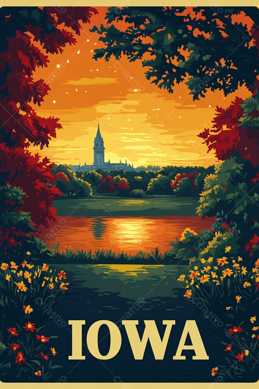 Pôster vintage Iowa por do sol sobre lago e horizonte urbano