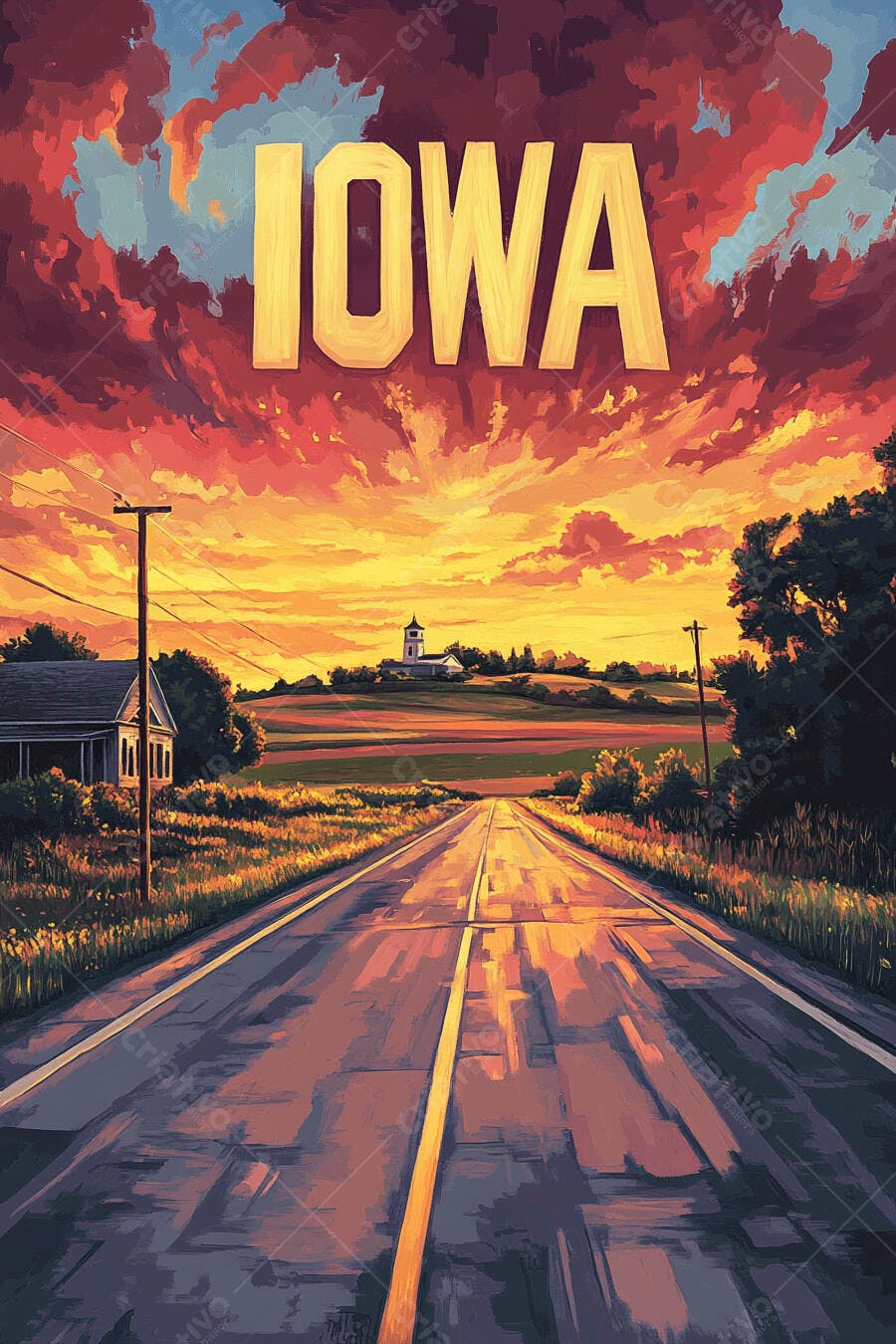 Paisagem rural de Iowa ao pôr do sol com estrada e igreja distantes arte digital