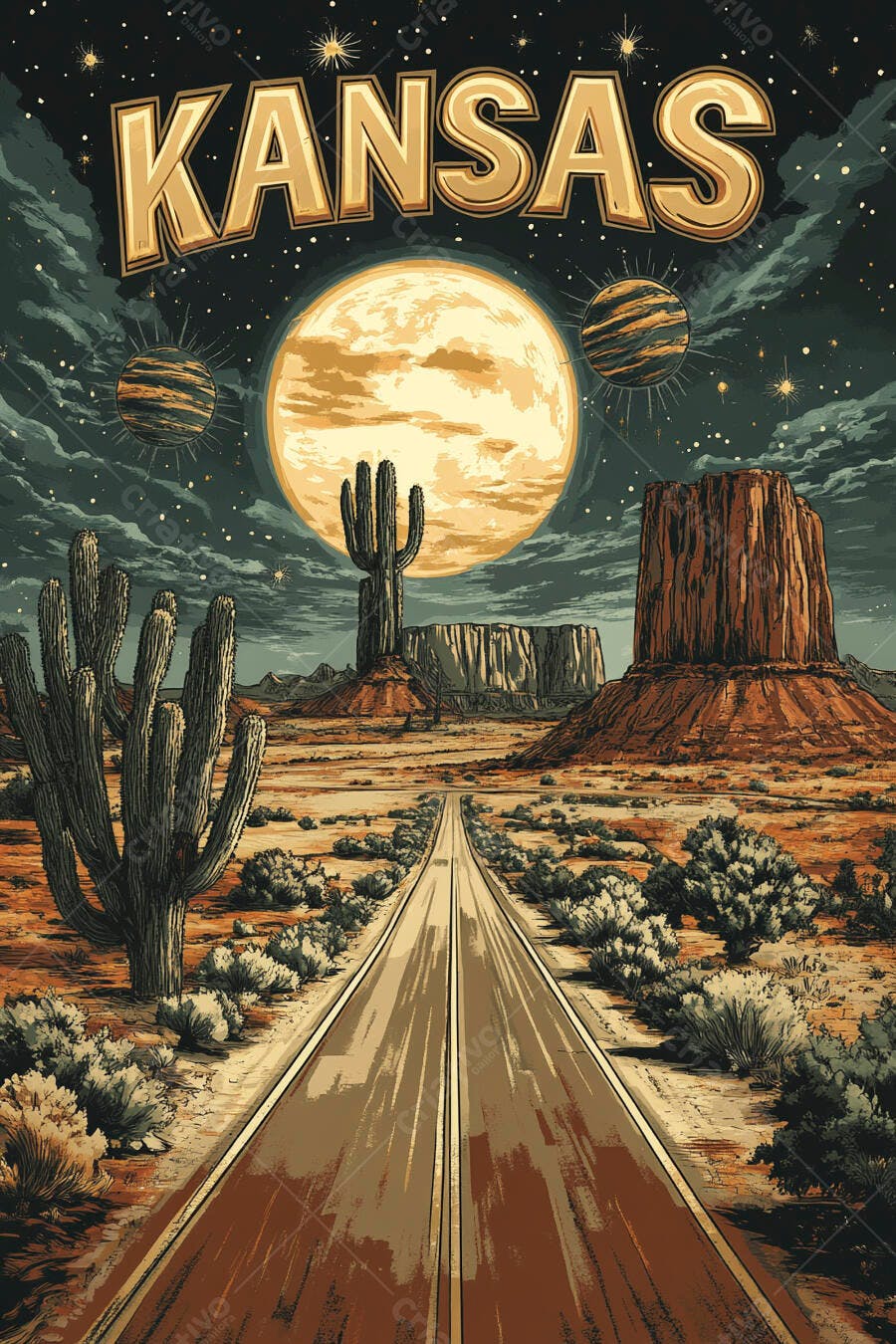 Deserto noturno de Kansas com lua cheia cactos e estrada vintage