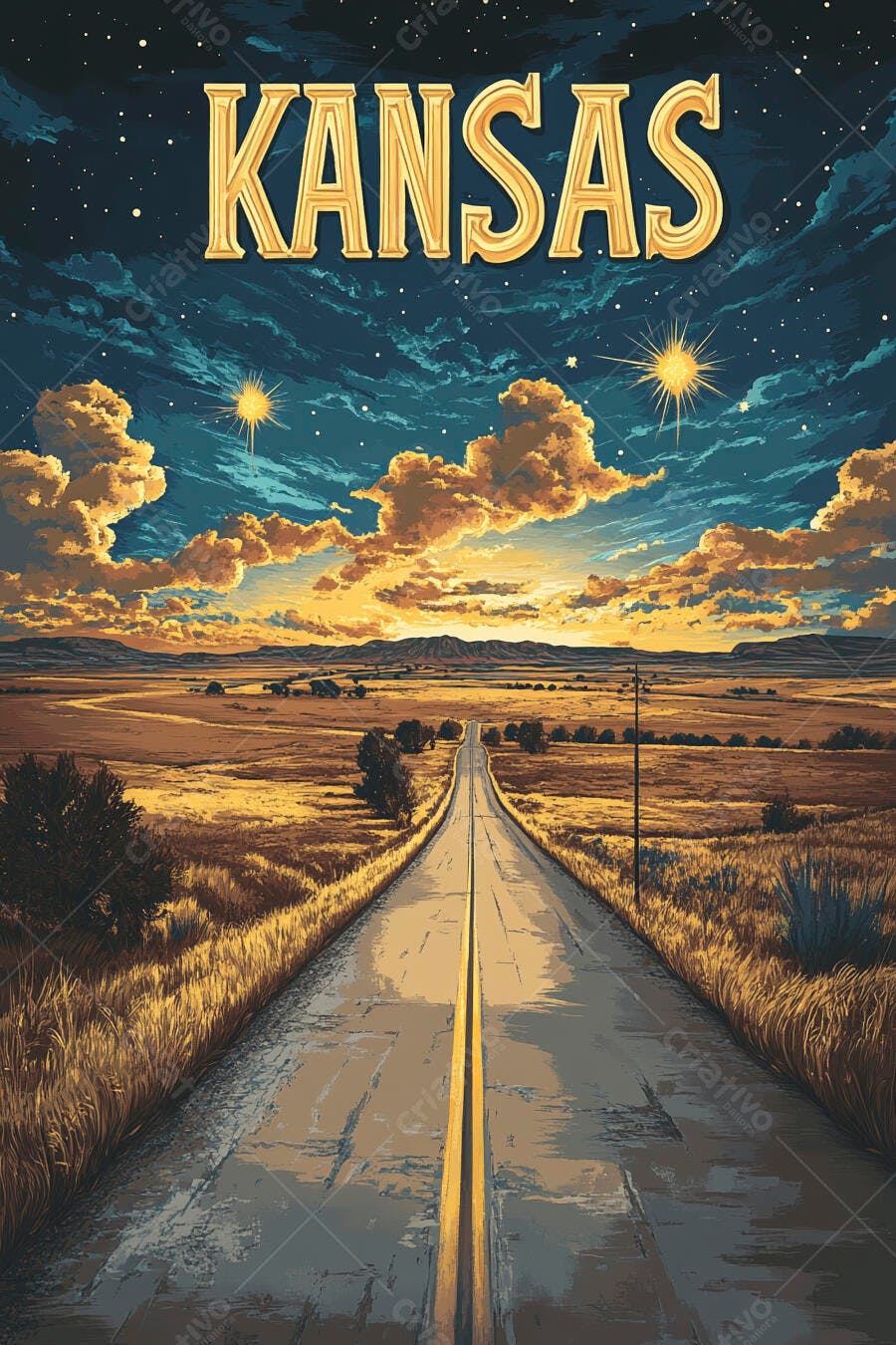 Pôster Kansas estrada longa campos dourados e céu dramático ao entardecer