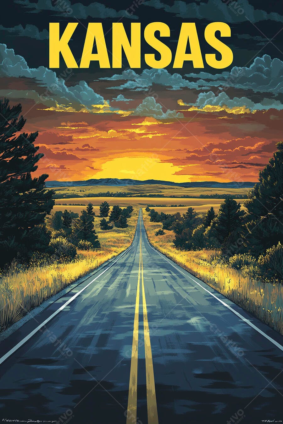 Pôster turístico Kansas estrada rural ao pôr do sol colorido ilustração