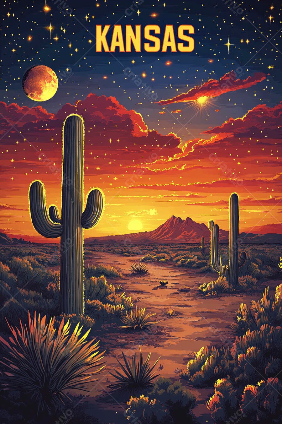 Deserto de Kansas pôr do sol com cactos saguaro e céu estrelado