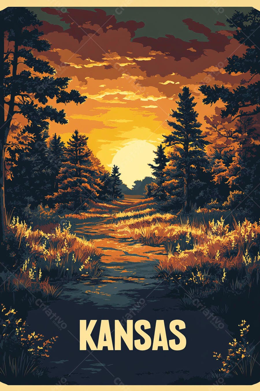 Paisagem florestal Kansas com pôr do sol laranja e caminho iluminado ao entardecer