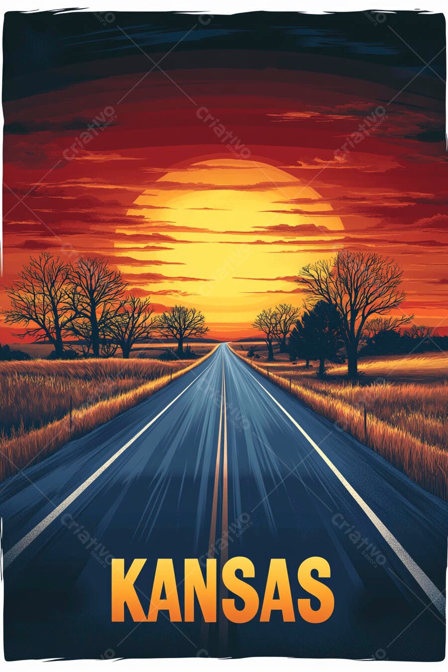 Estrada reta no pôr do sol laranja em Kansas com campos e árvores secas