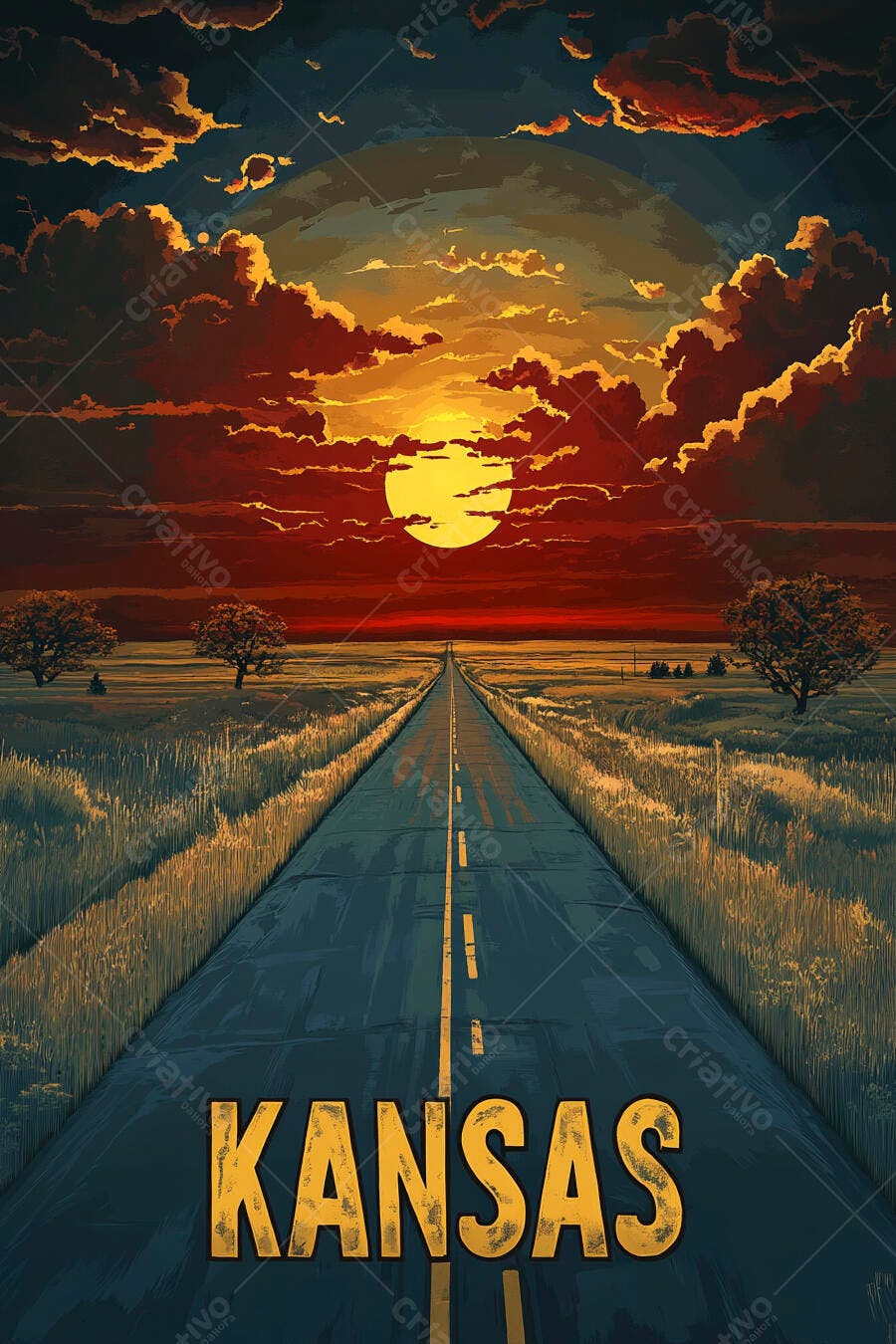 A estrada do Kansas ao por do sol com campos dourados e céu dramático