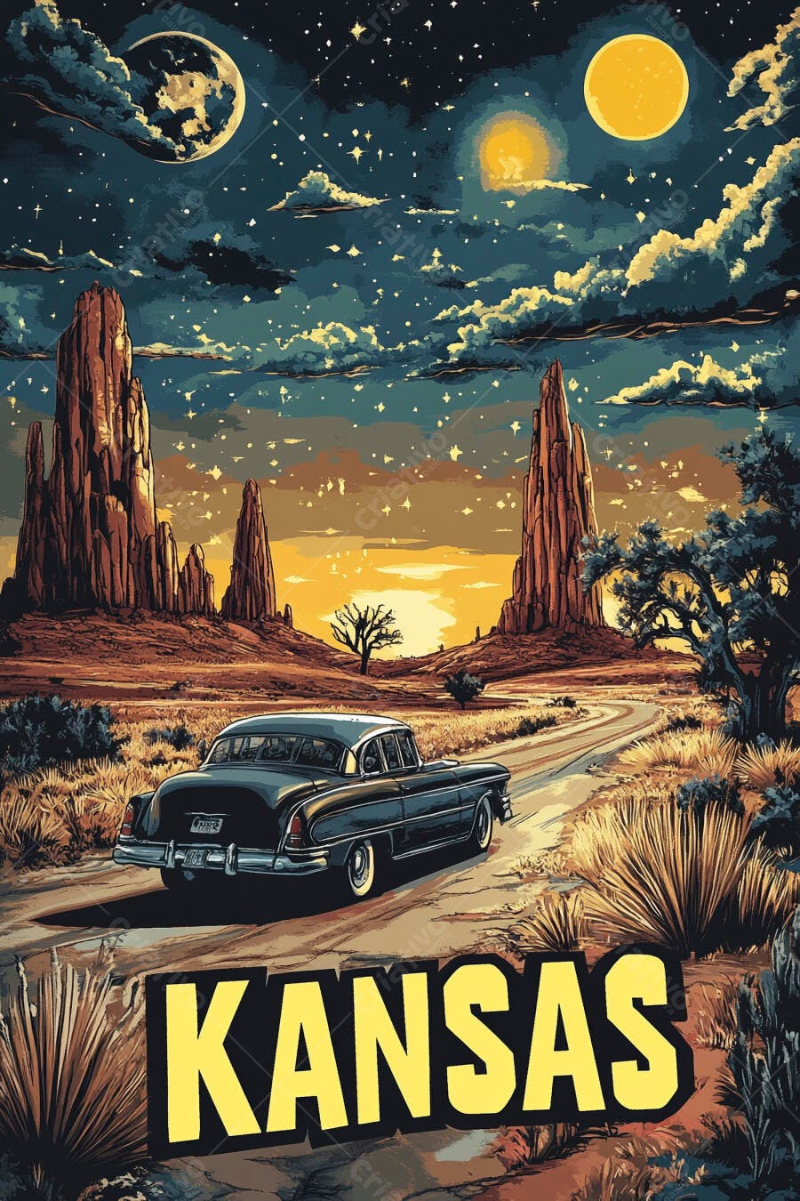 Carro clássico preto em estrada deserta no Kansas ao entardecer com lua e estrelas