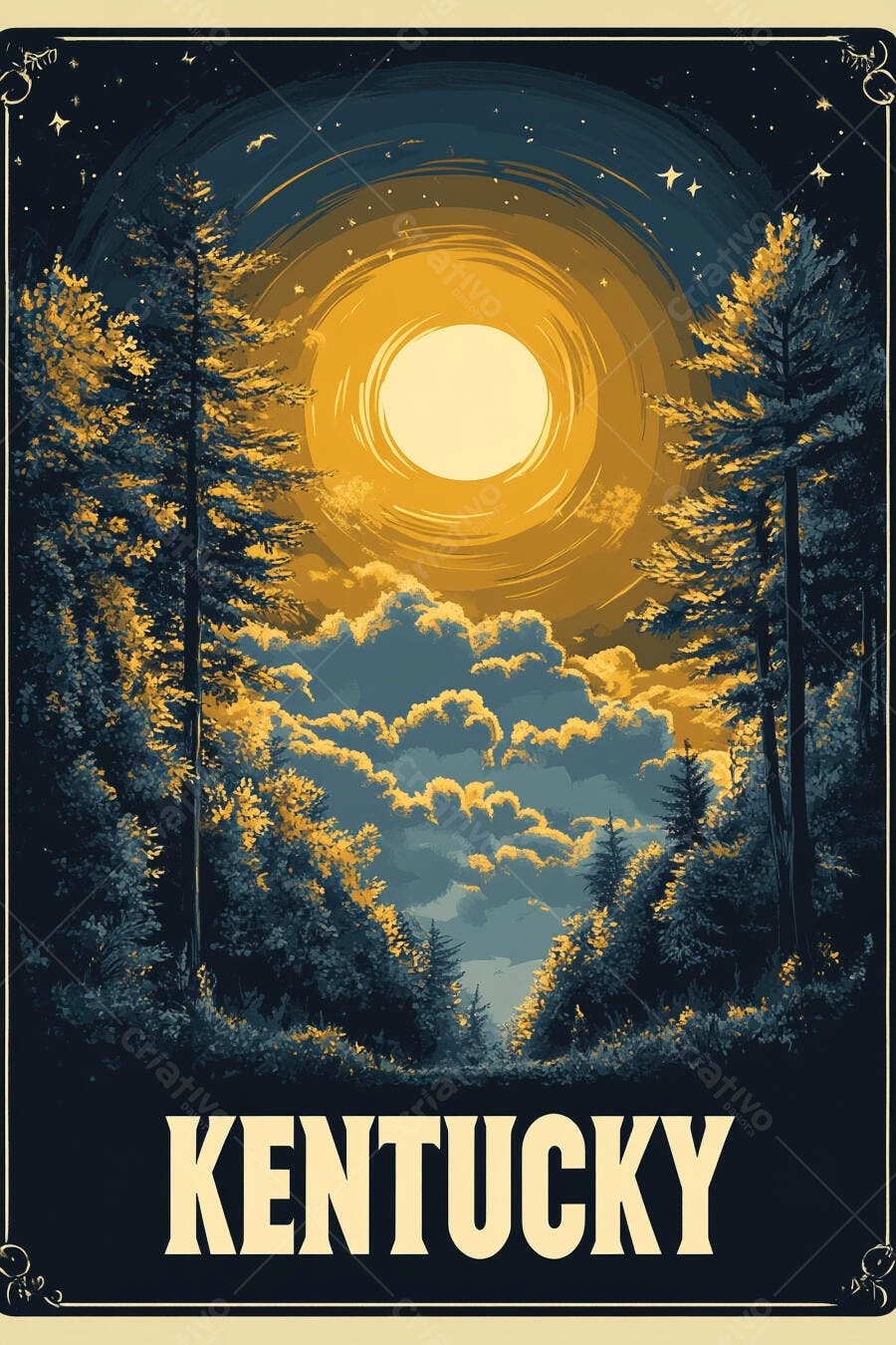 Pôster vintage Kentucky floresta pinheiros sol dourado e céu noturno estrelado