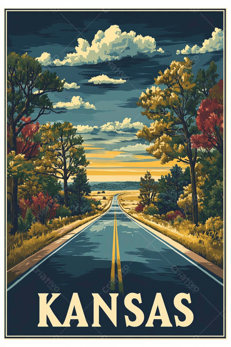 Ilustração estrada outono no Kansas com céu vibrante e nuvens