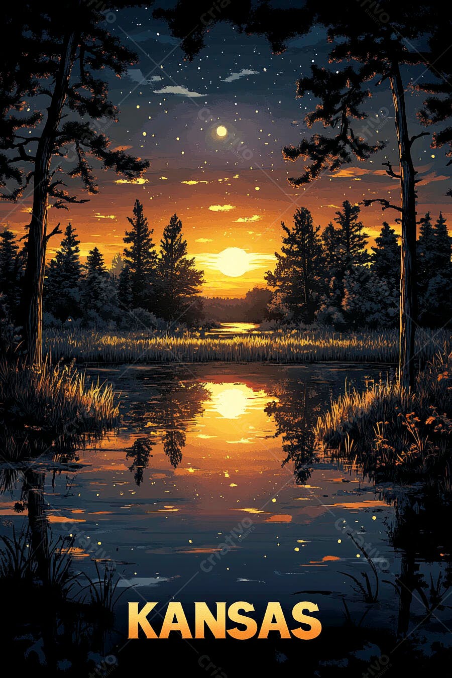 Pôr do sol laranja sobre lago e floresta com céu estrelado e pinheiros escuros