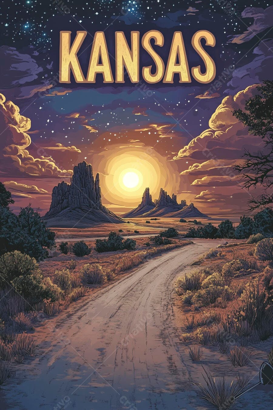 Paisagem desértica Kansas pôr do sol com montanhas e estrada de terra céu laranja roxo