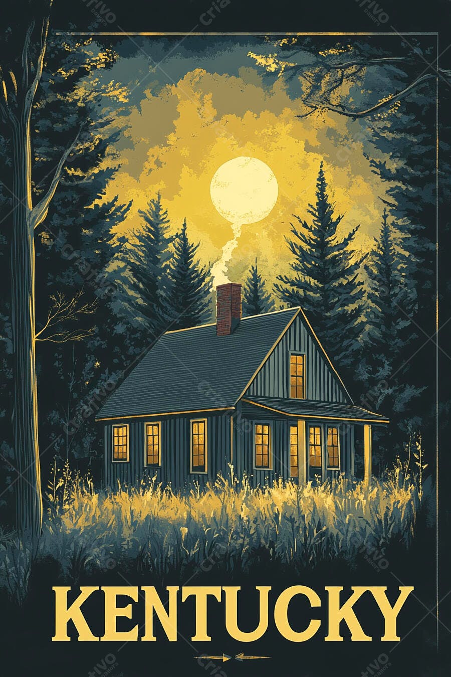 Casa rústica em floresta sob lua cheia estilo pôster vintage Kentucky