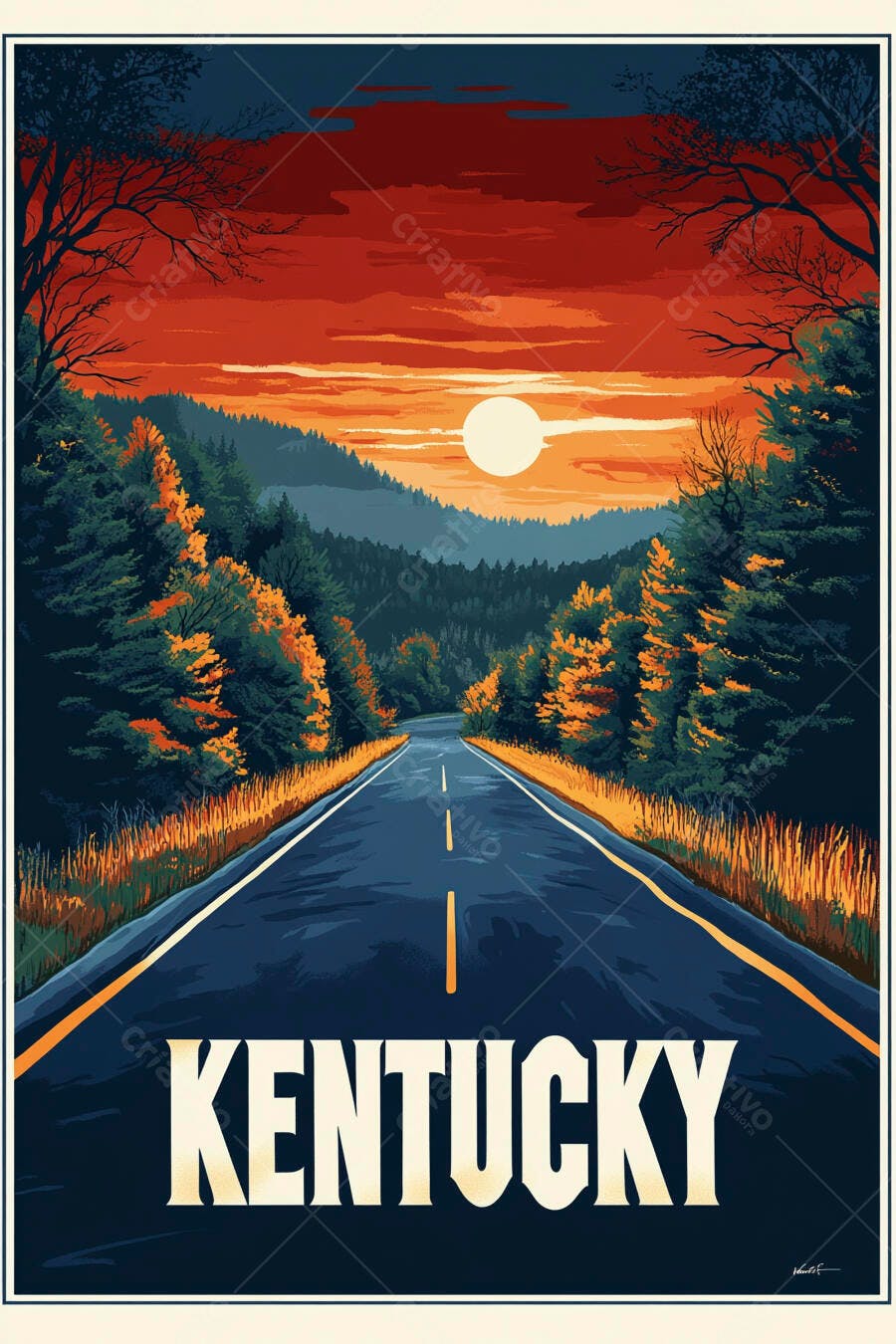 Kentucky estrada montanhosa com floresta de outono ao pôr do sol laranja