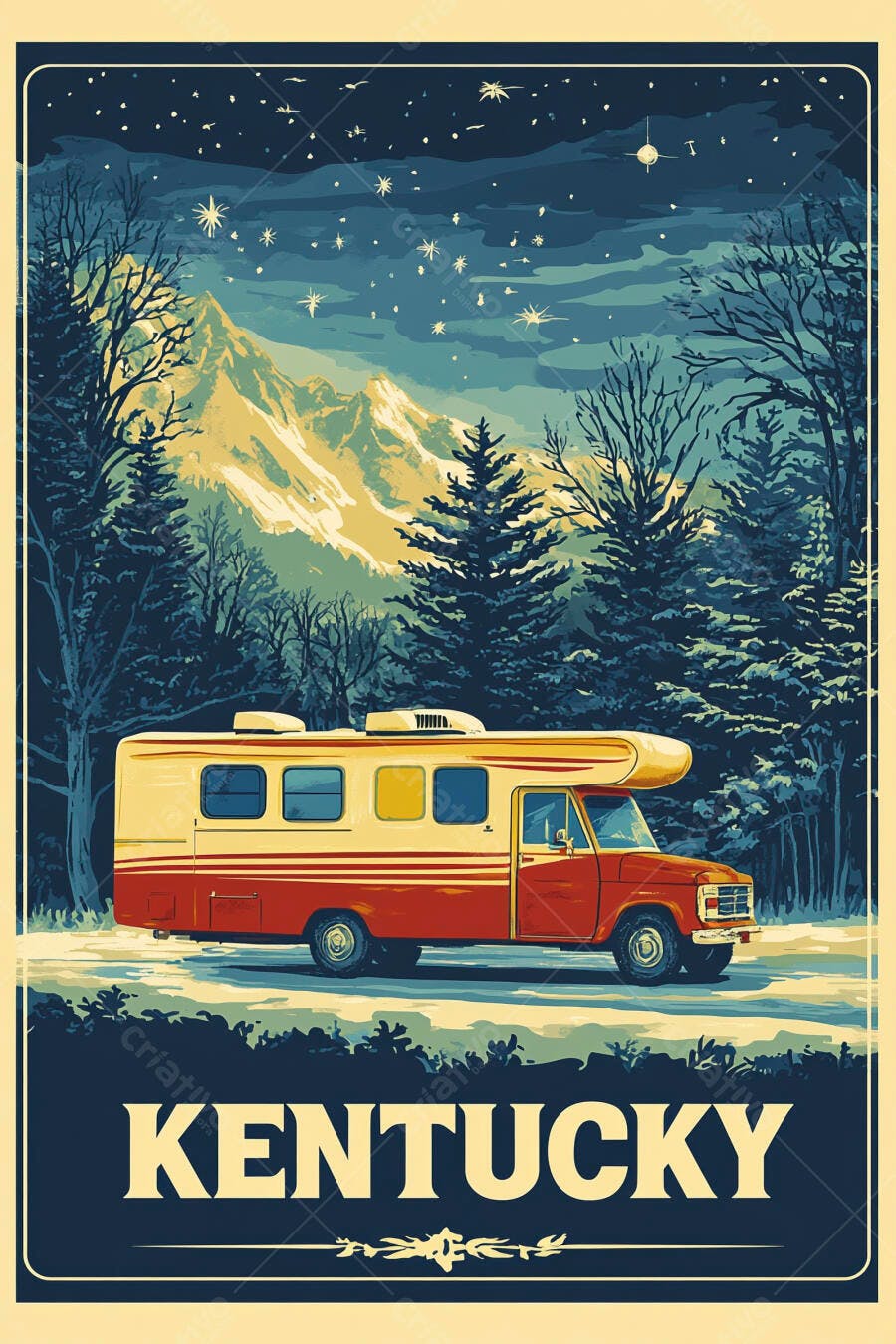 Motorhome vintage na neve com montanhas e céu estrelado Kentucky