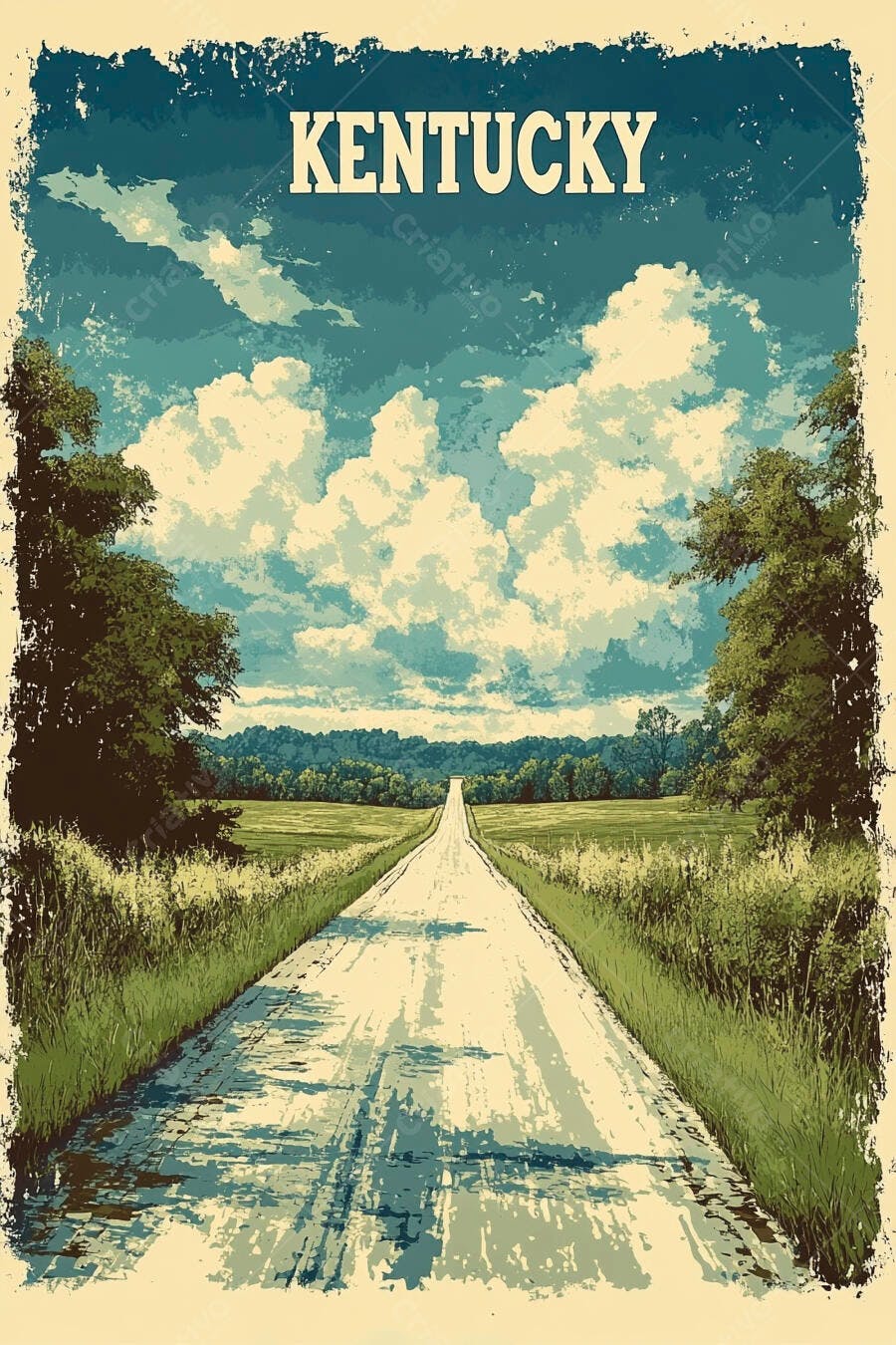 Estrada rural de Kentucky com campos verdes e céu azul vintage