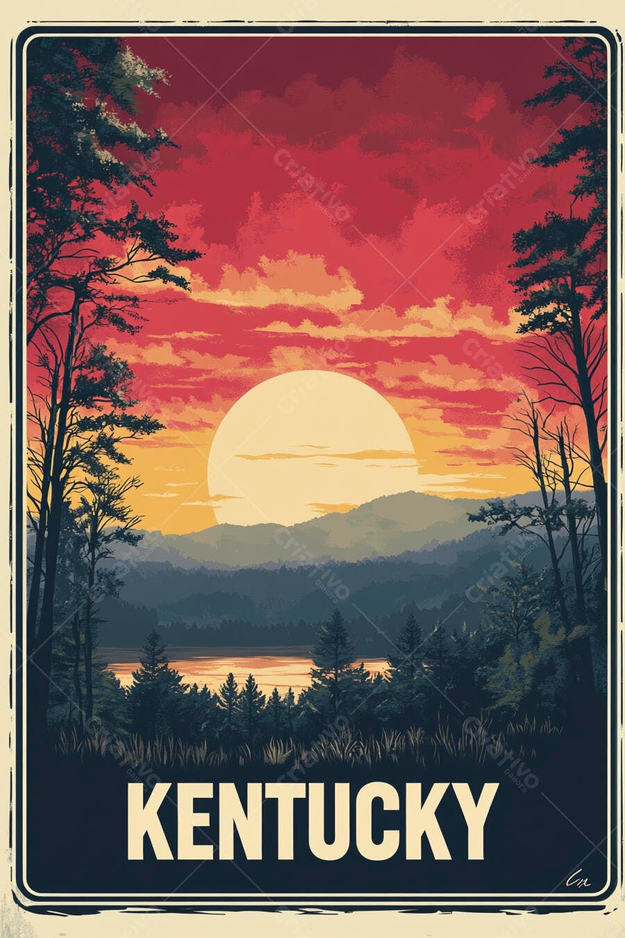 Cartaz viagem Kentucky pôr do sol vibrante montanhas e lago estilo vintage