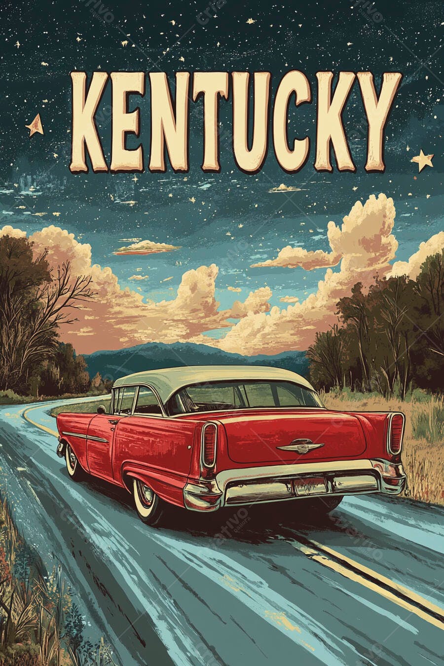 Carro vintage vermelho na estrada rural com céu estrelado Kentucky
