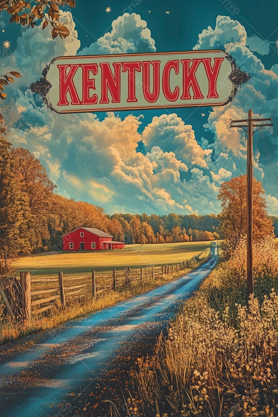 Placa Kentucky celeiro vermelho paisagem rural outonal estrada campestre