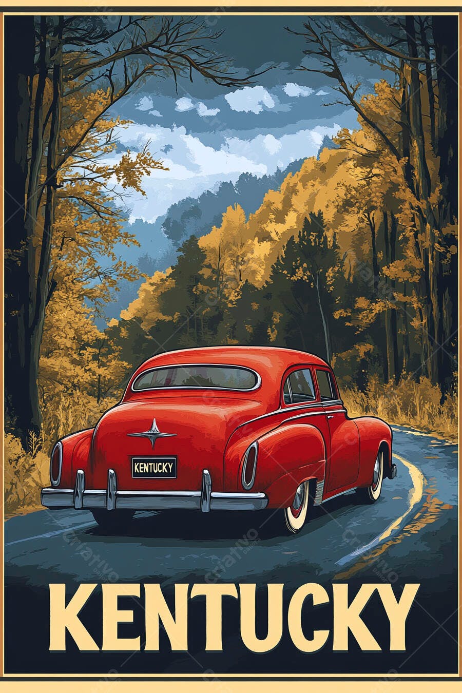 Carro vintage vermelho em estrada sinuosa de outono no Kentucky