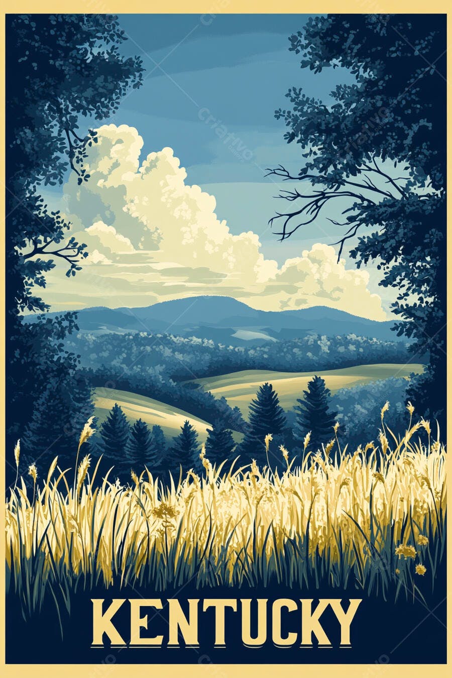 Cartaz de viagem Kentucky paisagem montanhosa com campo dourado e céu azul
