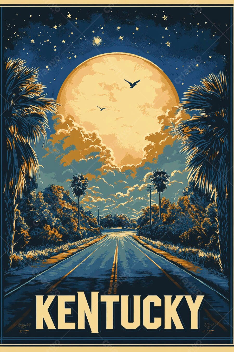 Pôster vintage Kentucky estrada noturna com lua cheia e palmeiras sob céu estrelado