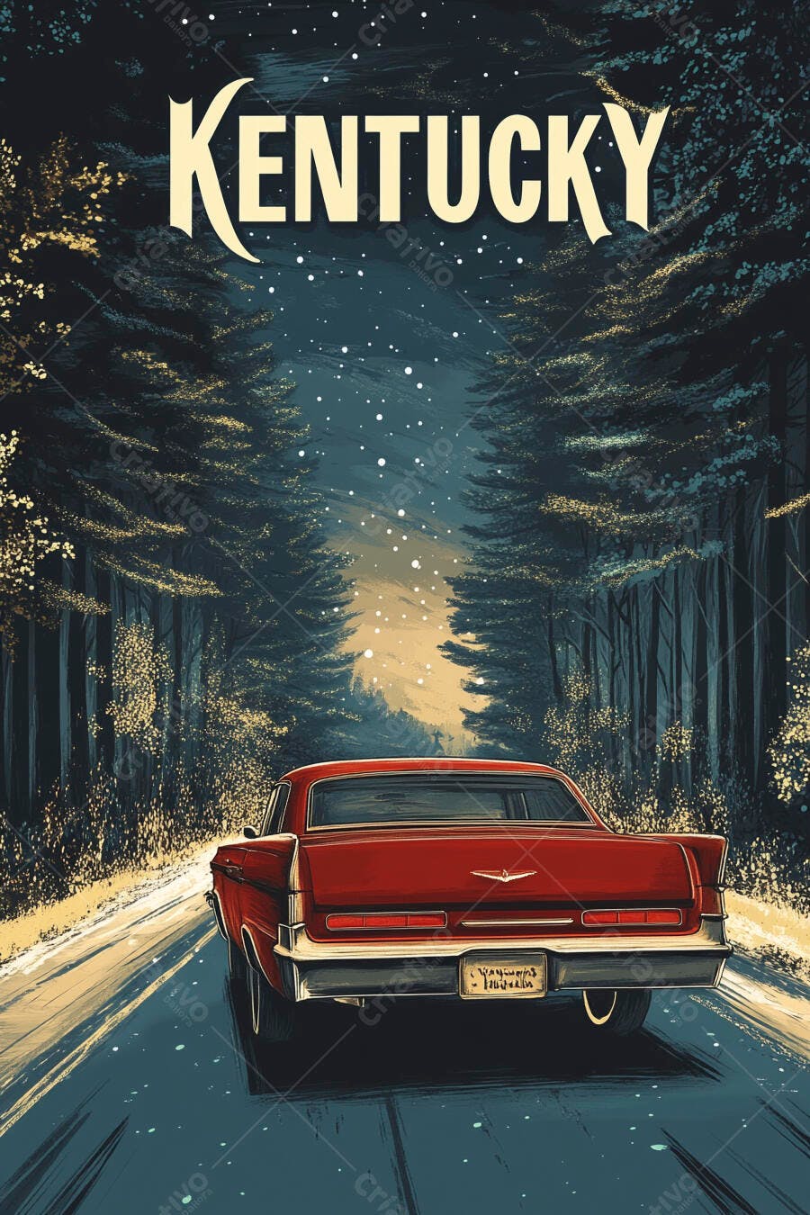 Carro vintage vermelho em estrada florestal nevada pôster Kentucky