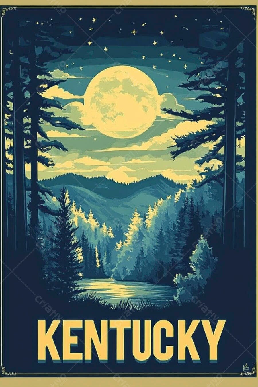 Pôster de viagem Kentucky lua cheia floresta montanhas rio noite azul amarelo