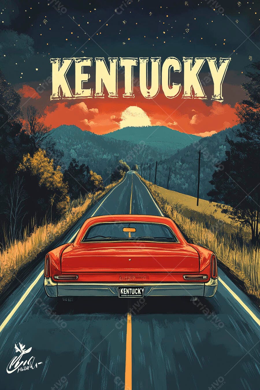 Carro vintage vermelho em estrada de Kentucky ao pôr do sol